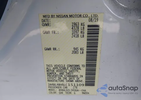 2020 Nissan Altima S Fwd z USA, uszkodzony, nr VIN 1N4BL4BV6LC151109